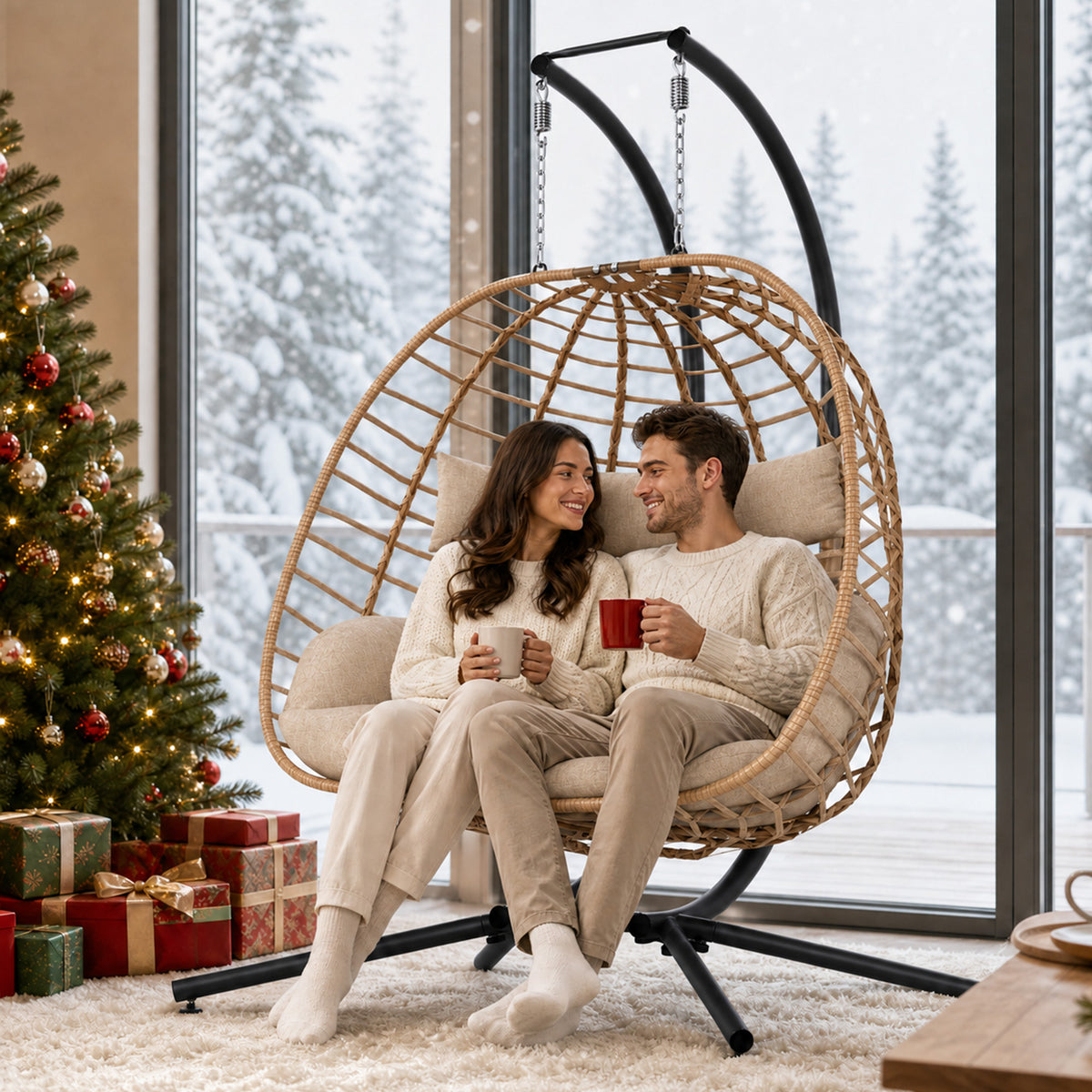 Double Egg Chair Outdoor with Stand, Patio Hanging Swing, Beige Indoor 2 Person Egg Swinging with Cushion, Wicker Loveseat for Porch Balcony Backyard, Cozy Hammock Chairs 680 LBS Capaticy