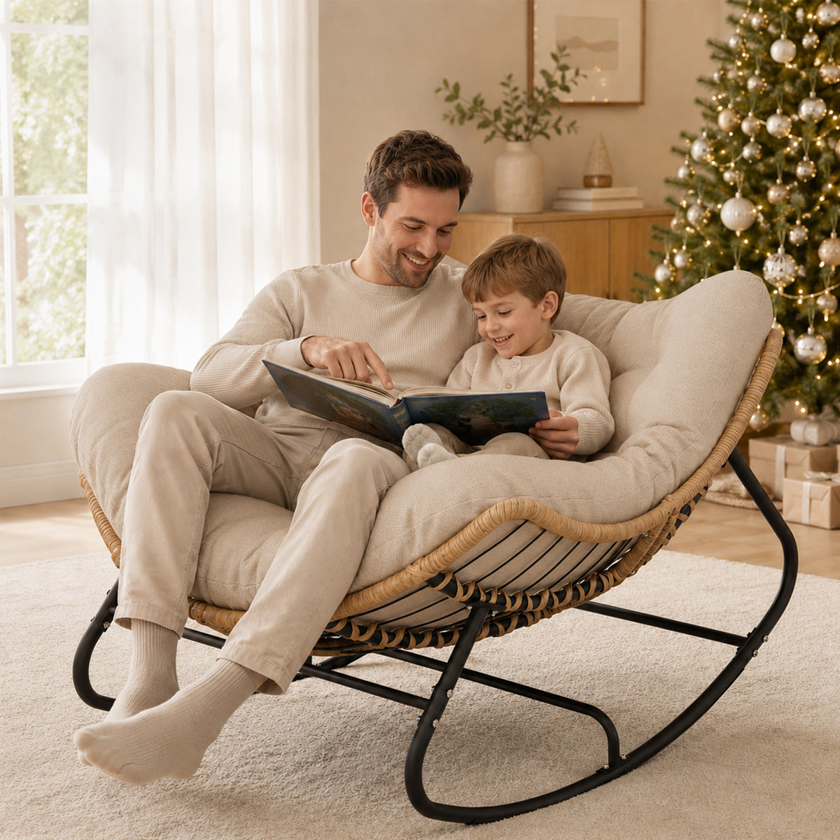 Papasan Rocking Chair, Outdoor Wicker Egg Rocker with Cushion, Ivory Oversized Modern Wicker Lounge Rocker with Comfy Cushion, Cozy Egg Chair Steel Frame for Patio, Porch,or Indoor Reading Nook