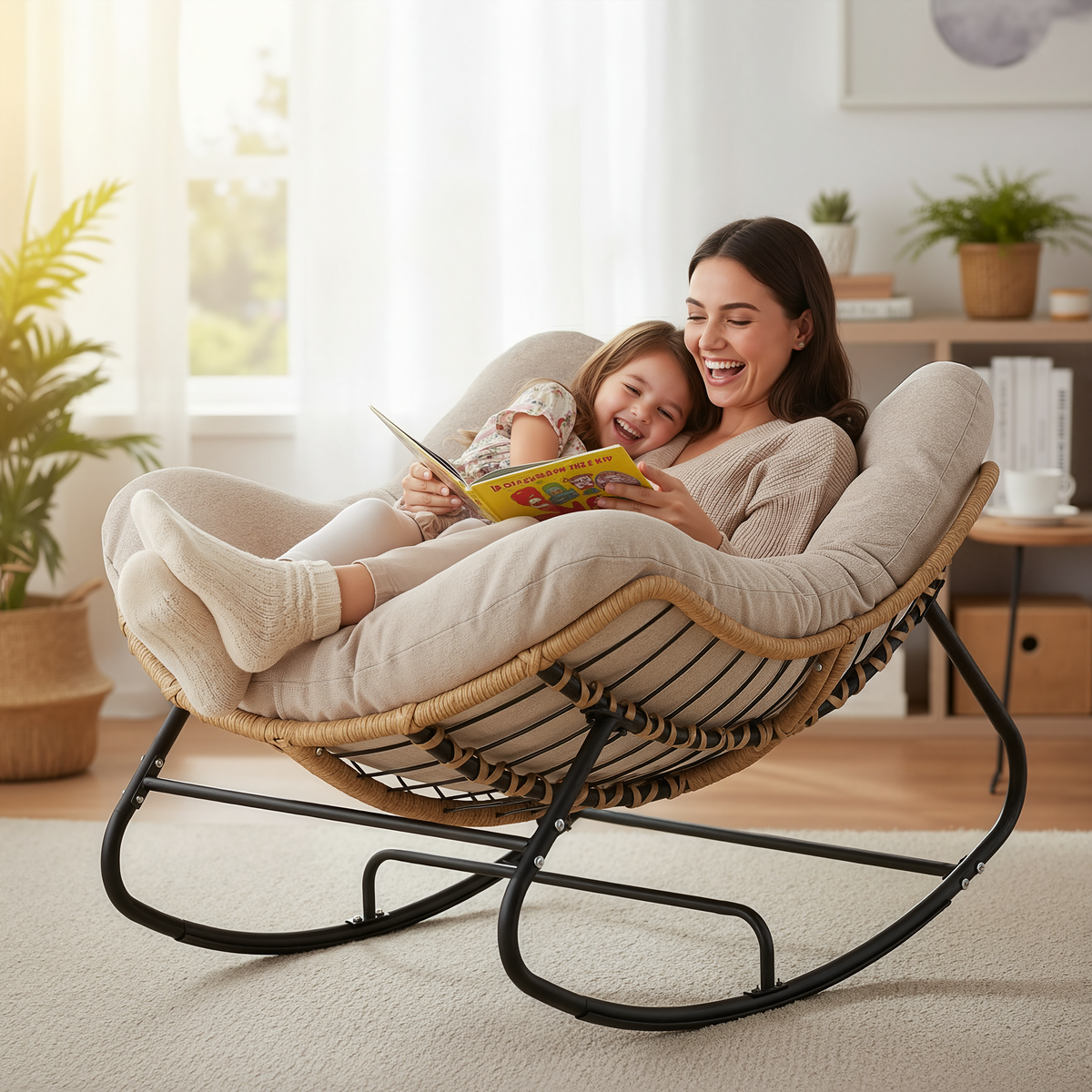 Papasan Rocking Chair, Outdoor Wicker Egg Rocker with Cushion, Ivory Oversized Modern Wicker Lounge Rocker with Comfy Cushion, Cozy Egg Chair Steel Frame for Patio, Porch,or Indoor Reading Nook