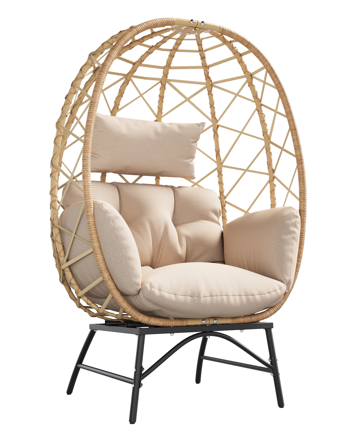 Outdoor Wicker Egg Chair with Cushion, Patio Lounge Chair, Beige Oversized Boho Rattan Sun Lounger, Comfy Reclining Lounge for Balcony, Porch, Backyard & Indoor Bedroom, 480 LBS Capacity