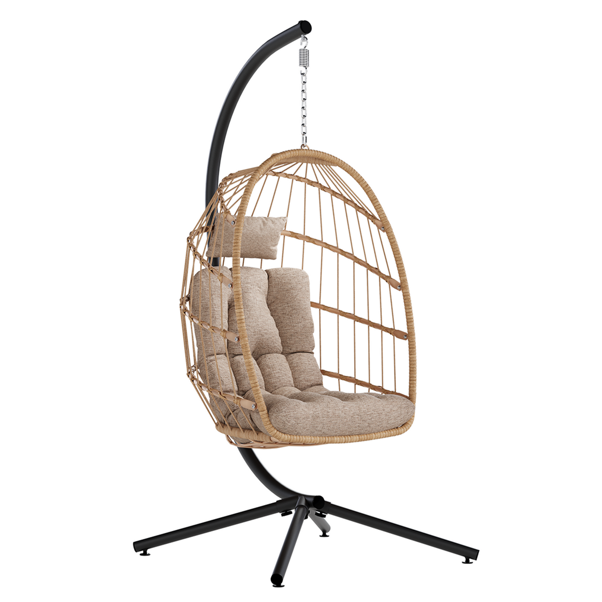 Egg Chair Outdoor with Stand, Indoor Wicker Hanging Egg Swing, Cream Patio Swinging Chair with Thick Cushion, Egg Shaped Swing for Bedroom Porch Balcony, Rattan Hammock Chairs 370 LBS Capacity