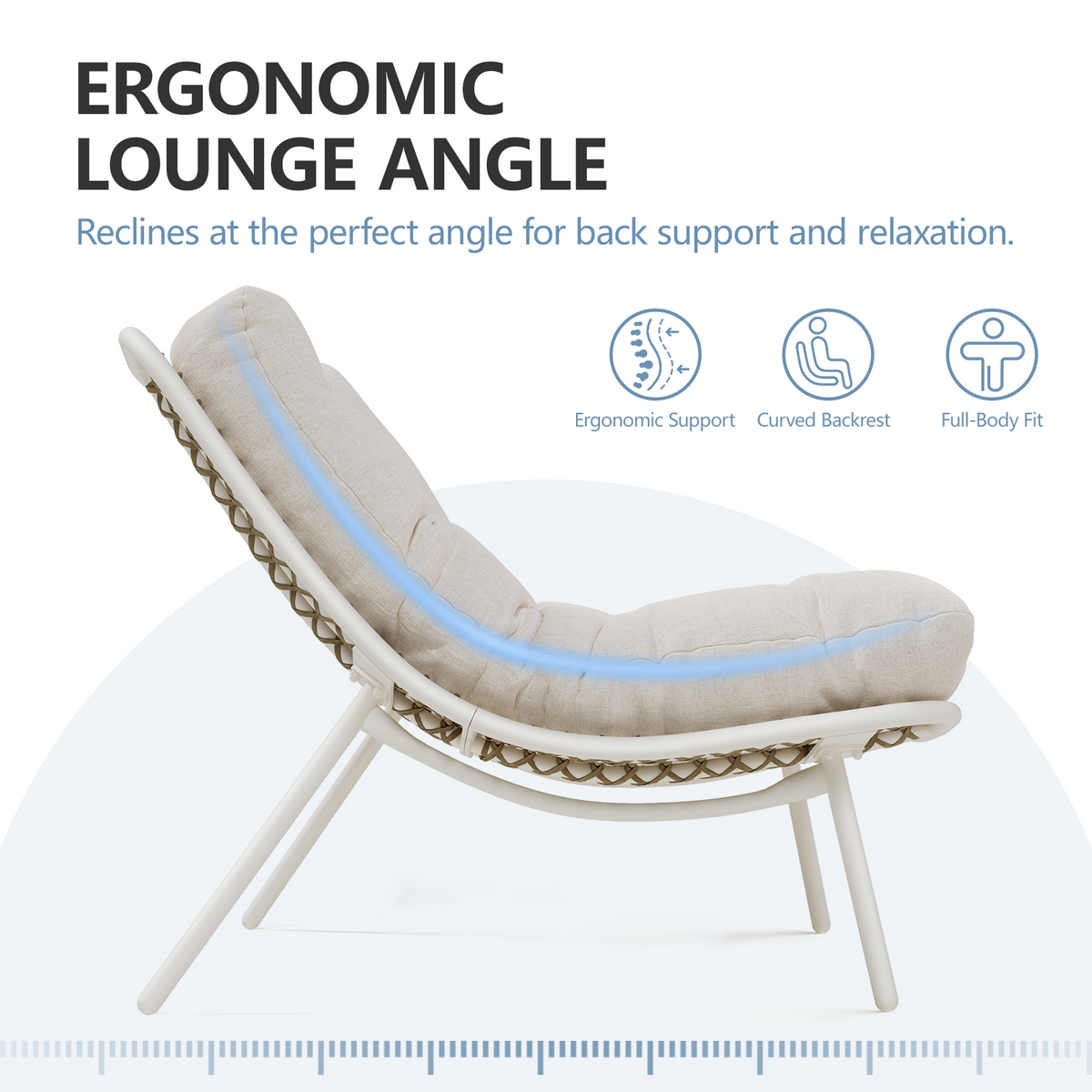 Wicker Papasan Lounge Chair, Outdoor Recliner with Cushion, Cream Indoor Oversized Egg Chair, Boho Comfy Patio Chaise Chair Low Seat Patio Chair for Porch, Balcony, Bedroom, Reading Nook