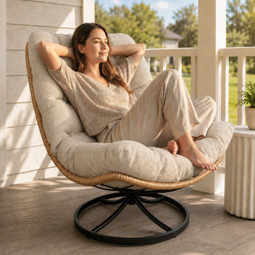 Outdoor Wicker Swivel Chair, 360° Rotating Patio Chair, Oatmeal Comfy Rattan Swivel Papasan Chair with Thick Cushion, Oversized Egg Rocking Chair Stable Steel Base for Balcony, Porch, Lawn